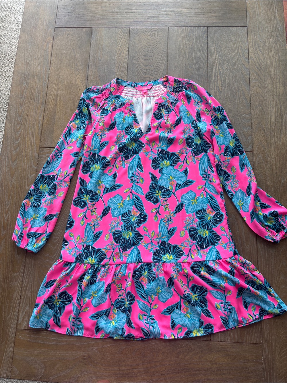 Lilly Pulitzer Pink and Teal Floral Smocked Neck dress